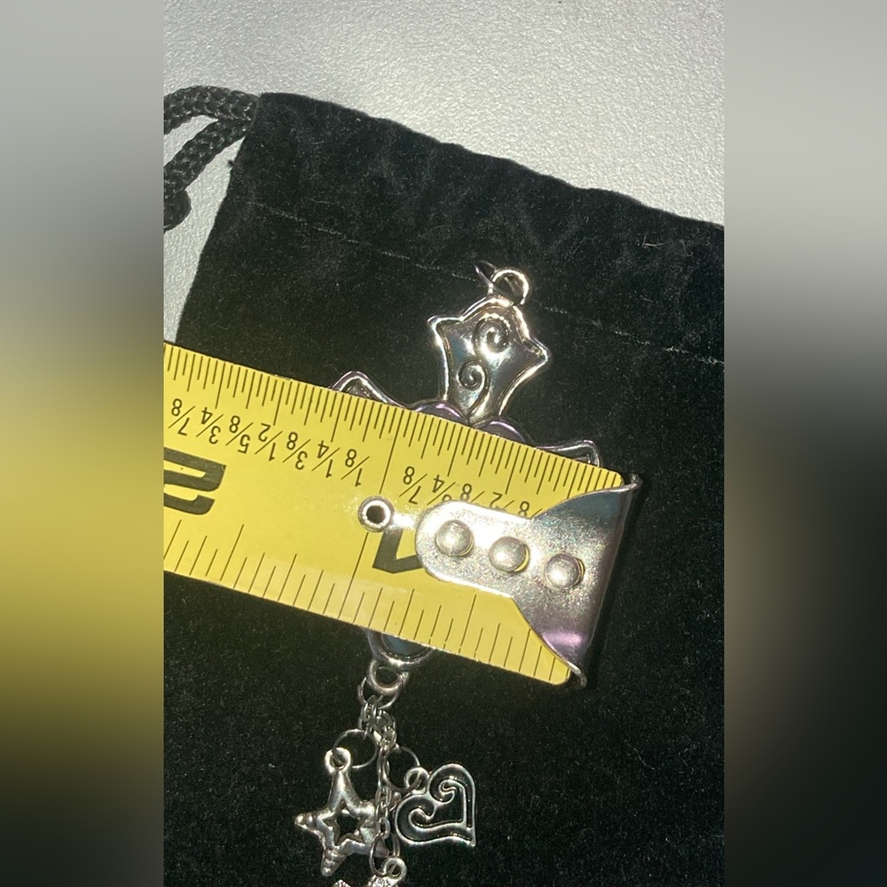 SILVER TONE CROSS PENDANT WITH HEART AND 3 DANGLING CHARMS - Picture 7 of 8